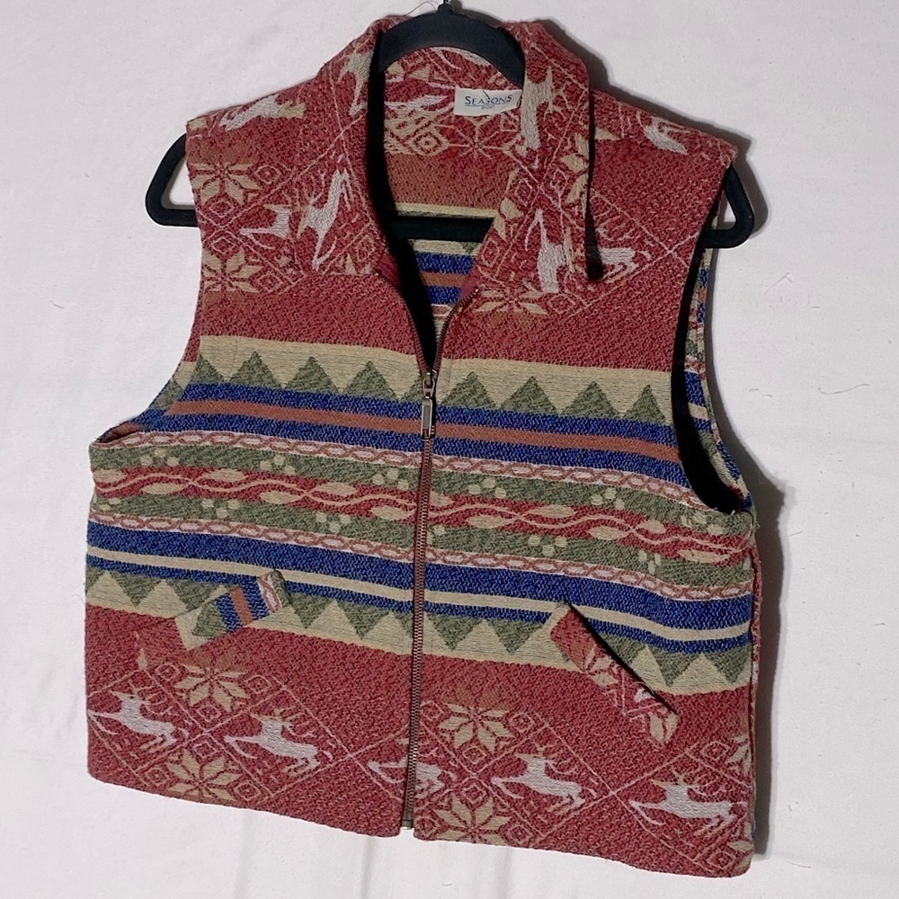 Vintage Seasons Sport Red Reindeer Western Rodeo Stampede Zip Vest M Festival